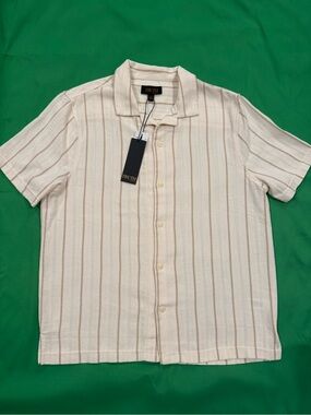 Truth Men's Cream Short-Sleeve Button-Up Shirt with Tan Stripes